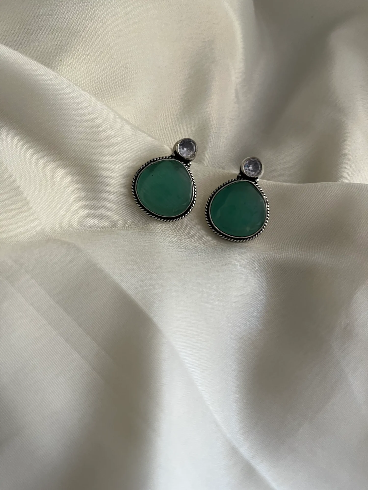 Silver Toned Oxidized Earrings Emerald Green