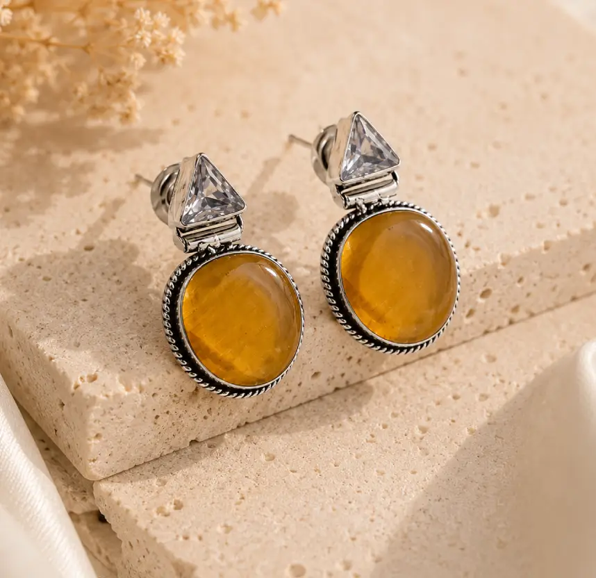 Silver Toned Oxidized Earrings Mustard