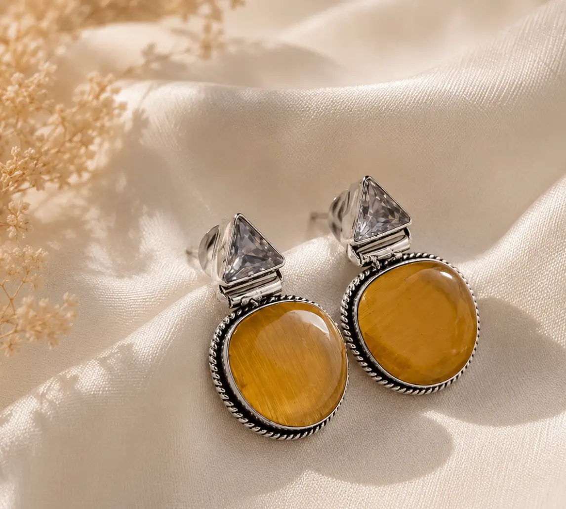 Silver Toned Oxidized Earrings Mustard