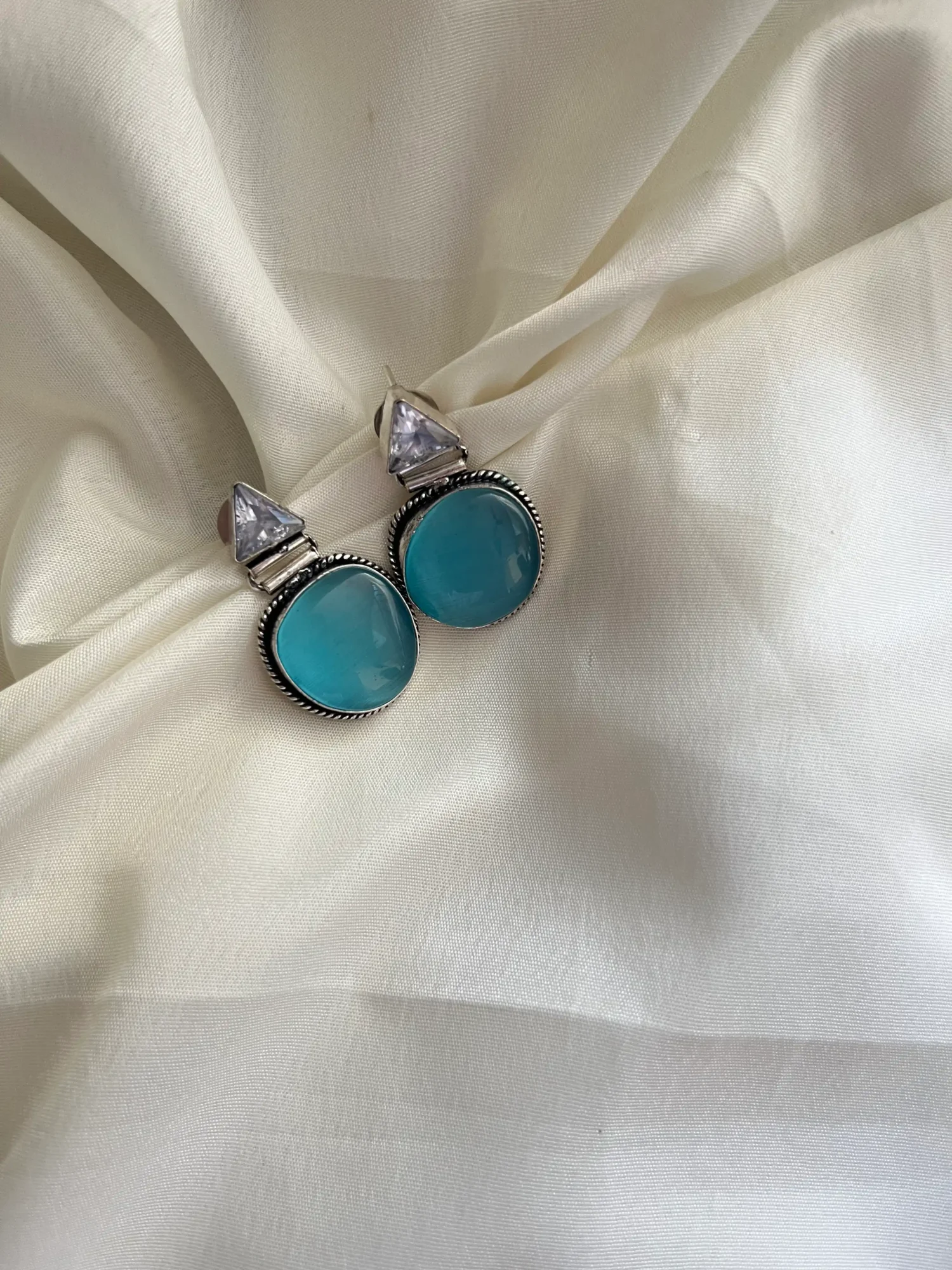 Silver Toned Oxidized Earrings Ocean Blue