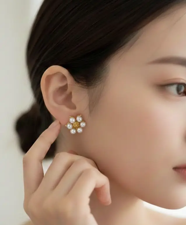 Pearl Flower Clip-On Studs