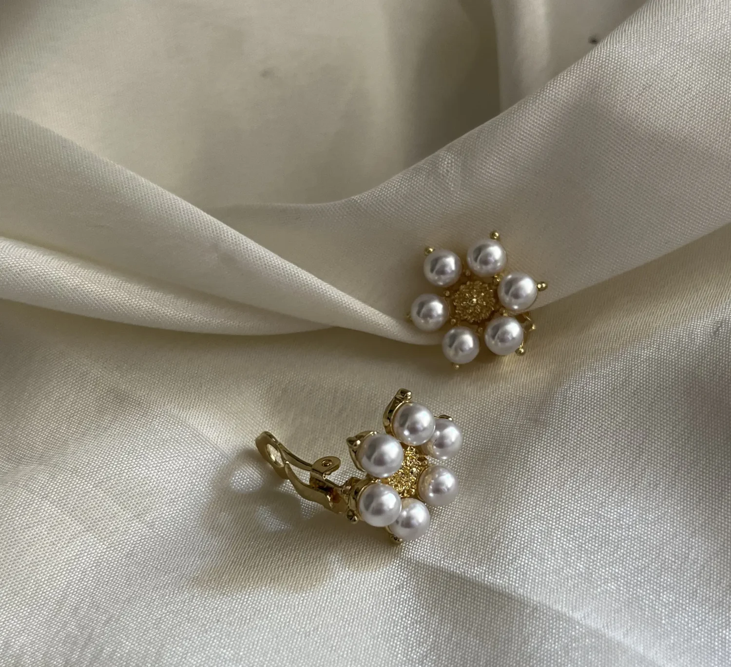 Pearl Flower Clip-On Studs