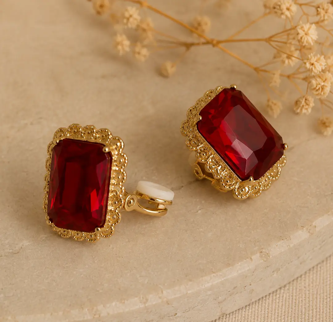 Color Pop Stone Studs (Clip On) Red
