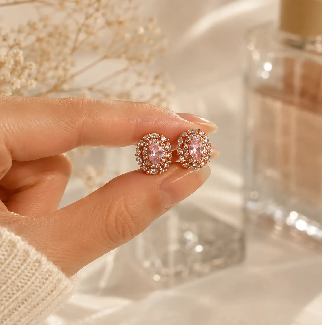 Pink Crystal Solitare Studs