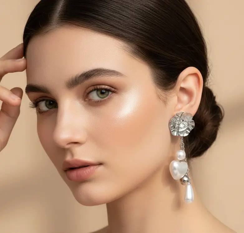 Silver Heart Long Pearl Earrings