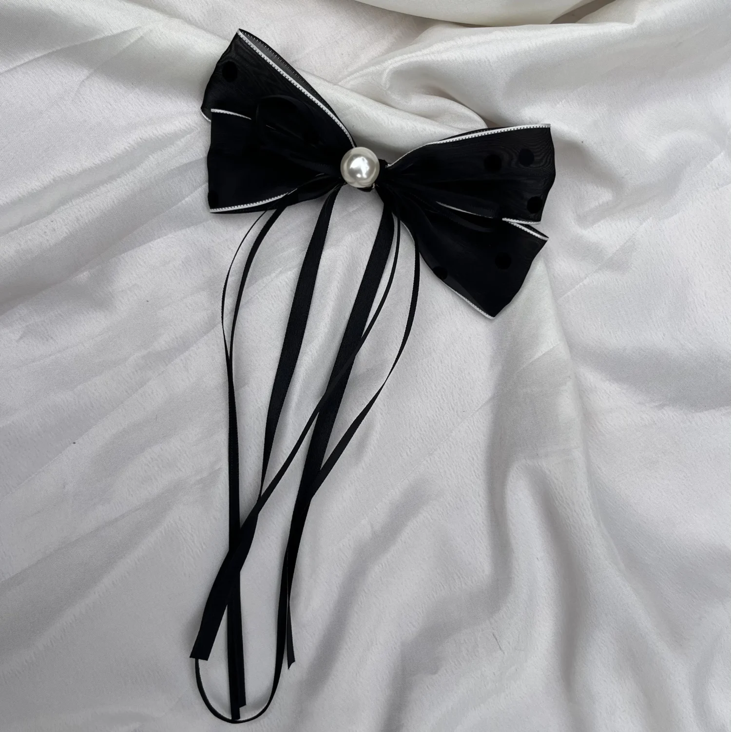 Black polka dot bow long