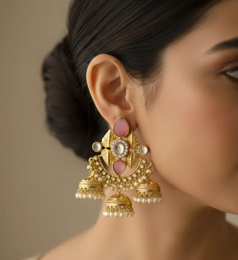 Noori Pink Triple Jhumkas