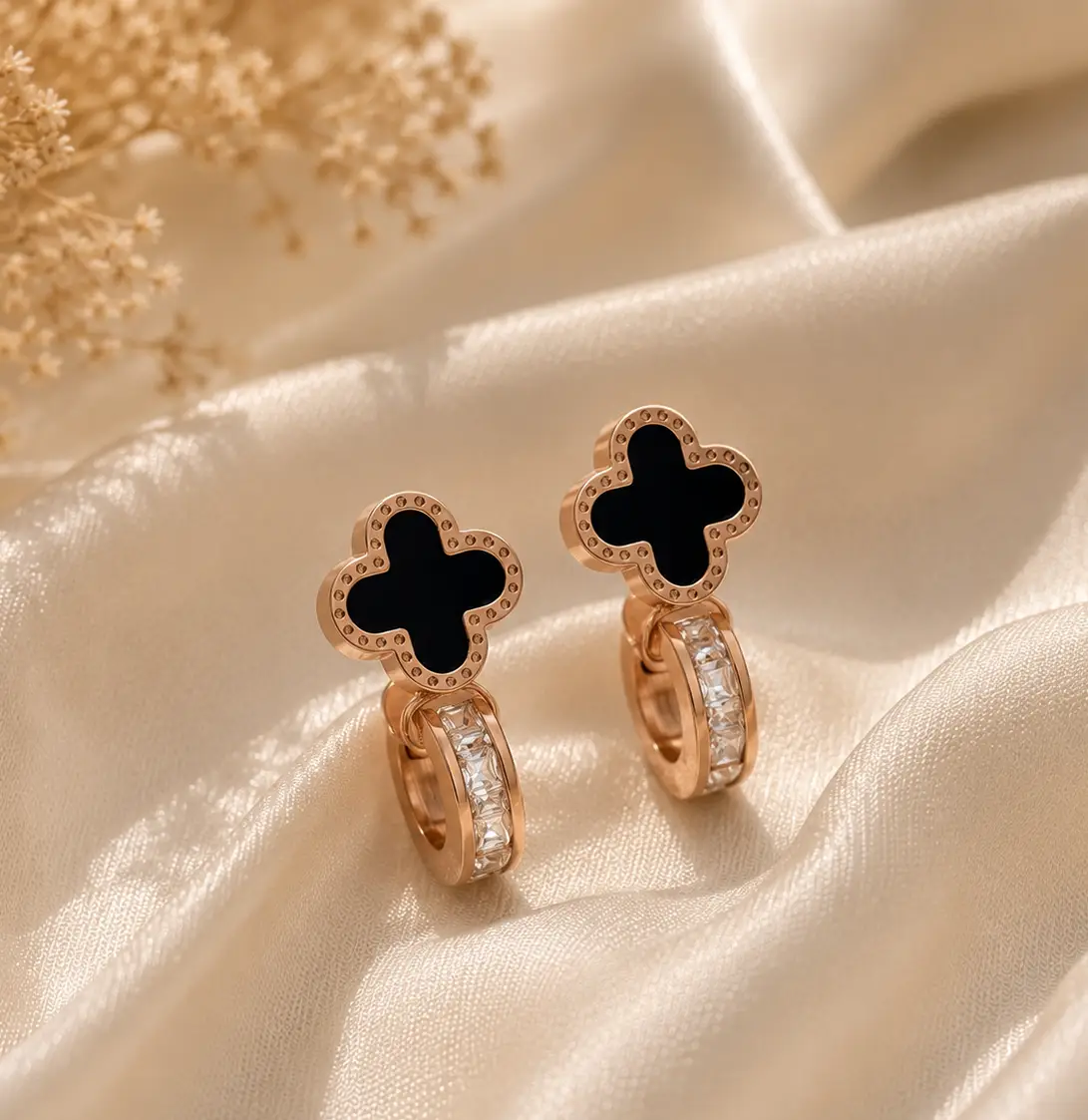 Noir Clover Hoop Earrings | Anti-Tarnish Rose Gold-Plated