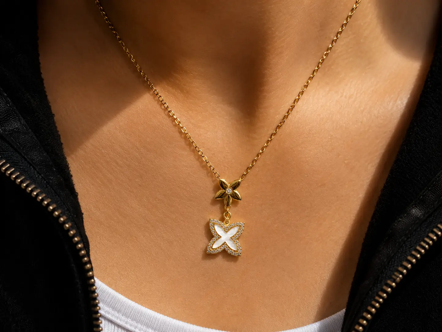 Golden White Clover Necklace